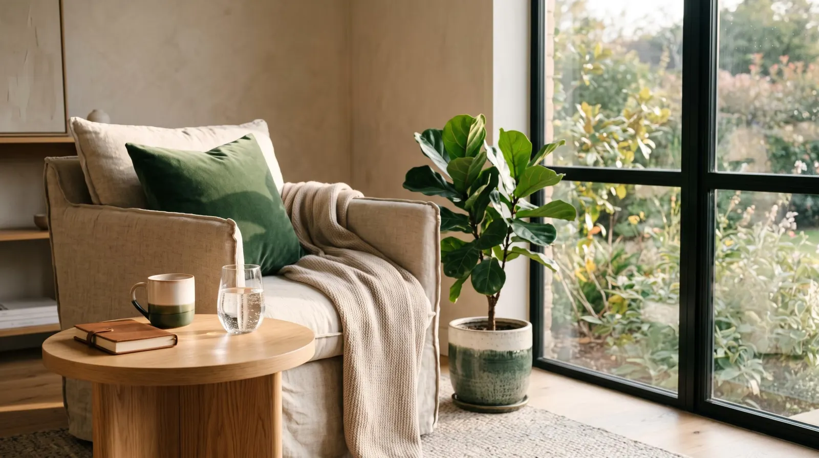 A sunlit living room with a linen armchair, a green cushion, a leafy plant, and a glass of water on a wooden table.