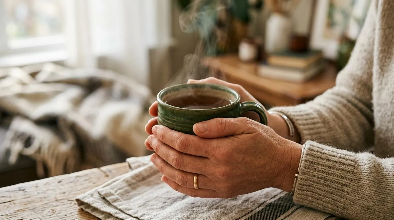 Two hands cradling a steaming green ceramic mug of tea on a linen runner.