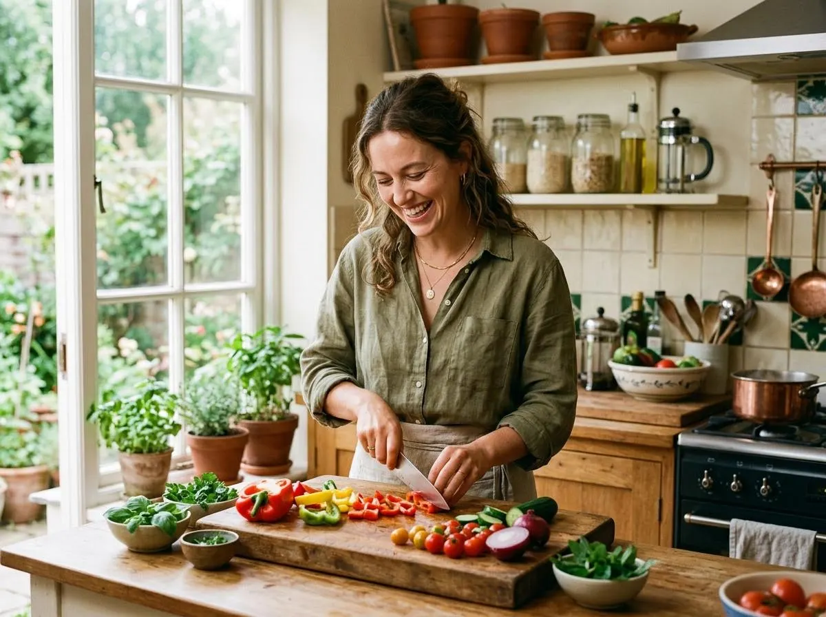 A person smiling while slicing fresh vegetables at a wooden kitchen table in warm daylight.