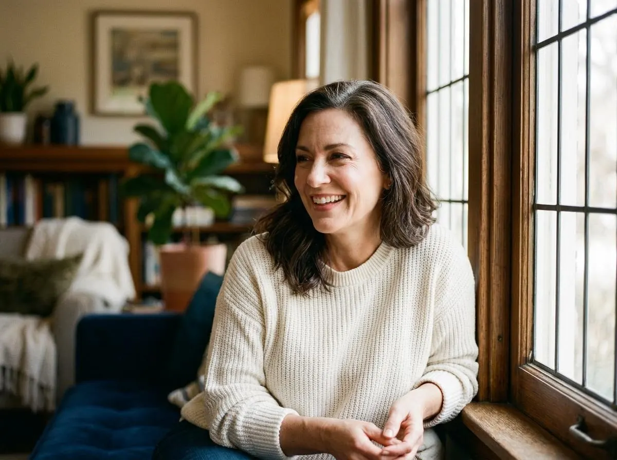 A woman smiling and looking out a window in a warm, book-lined room.